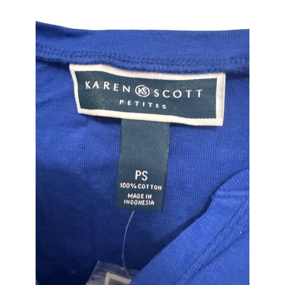 Karen Scott Petites Solid Henley Short Sleeve Shirt Women’s PS Blue 100% Cotton - Picture 4 of 4
